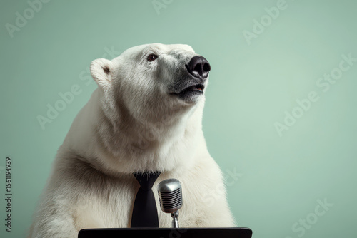 A polar bear is wearing black necktie, standing behind a podium with a microphone on isolated background.