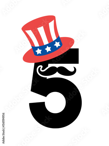Patriotic Number Five with Mustache and Uncle Sam Hat, Number five illustration decorated with a black mustache and a red, white, and blue Uncle Sam hat, perfect for patriotic American designs.

