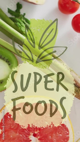 Super foods text animation over fresh fruits and vegetables on white background