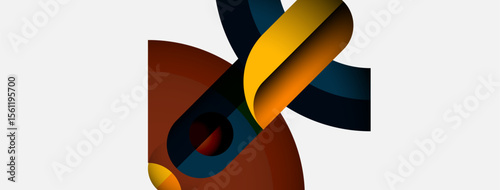 Abstract shapes overlap, creating dynamic composition. Warm colors contrast cool tones. Minimalist design evokes modern aesthetic.