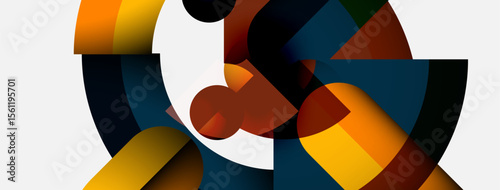Abstract composition. Geometric shapes overlap, creating dynamic visual effect. Colors include orange, yellow, blue, brown, white. Modern design.