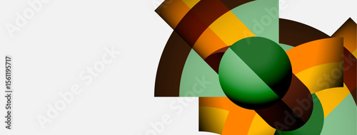 Abstract geometric composition. Overlapping shapes create dynamic visual interest. Warm, cool colors blend, forming modern design.
