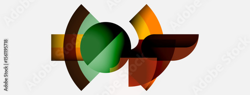 Abstract design features overlapping curved shapes. Colors include green, orange, brown, yellow. Minimalist composition on white background.