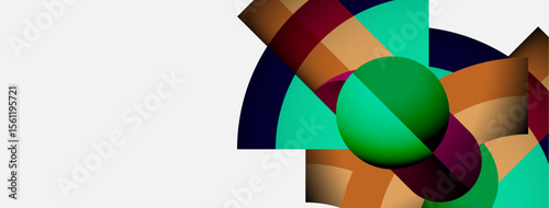 Abstract geometric composition. Overlapping colorful shapes create dynamic visual interest. Modern design with vibrant hues.