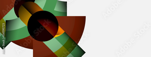 Abstract geometric shapes overlap, creating dynamic composition. Colors include greens, browns, golds, against white background. Modern design.