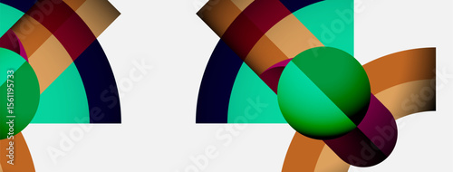 Abstract composition features colorful arcs, circles, overlapping shapes. Modern design, vibrant hues create dynamic visual impact.