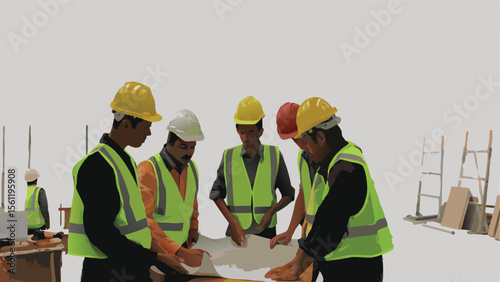 Construction workers in safety vests and hard hats reviewing blueprints on a construction site together now