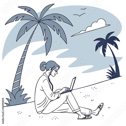 Illustration of a person video conferencing with two others on a laptop and a wall mounted screen