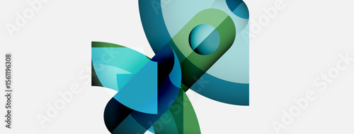 Abstract shapes overlap, creating dynamic composition. Blues, greens dominate neutral background. Modern design, fluid forms present.