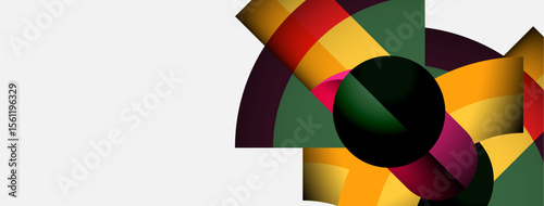 Abstract colorful design features overlapping curved shapes, dark sphere, white background. Modern graphic element.