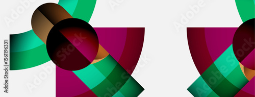 Abstract composition featuring overlapping colorful shapes. Curves, circles, gradients create dynamic visual effect. Modern design elements present.