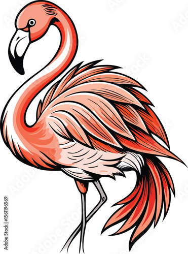 Elegant Flamingo Preening Feathers Line Drawing