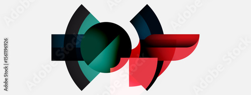 Abstract shapes overlap, creating dynamic composition. Teal, red, black hues dominate white background. Modern design element.