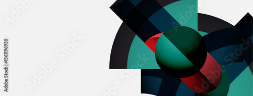Abstract geometric composition. Shapes overlap, creating dynamic visual interest. Teal, red, black hues dominate design. Modern aesthetic.