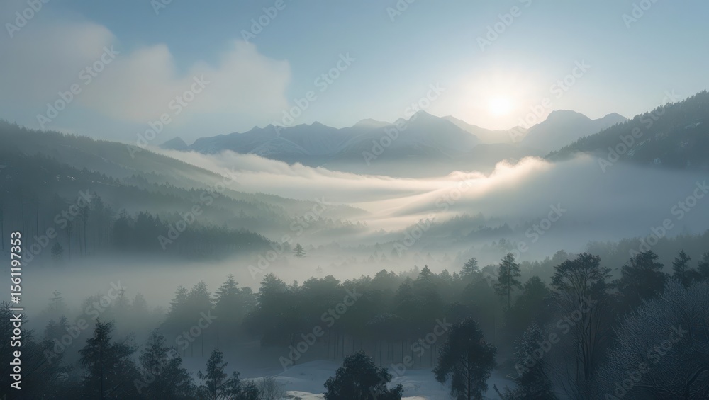 Fototapeta premium Misty mountain valley at sunrise.