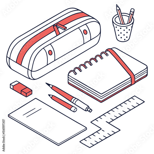 Illustration showing a checklist, alarm clock, briefcase and graduation cap, education themed items displayed