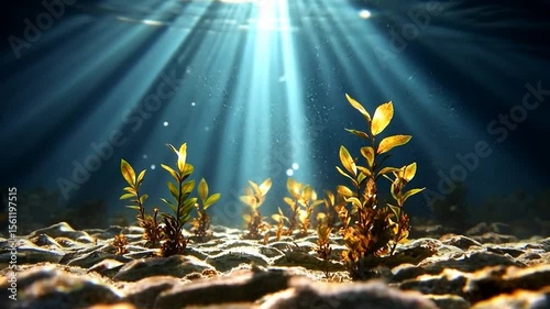 Underwater scene featuring sun rays illuminating plants on the seabed with vibrant colors and a serene atmosphere