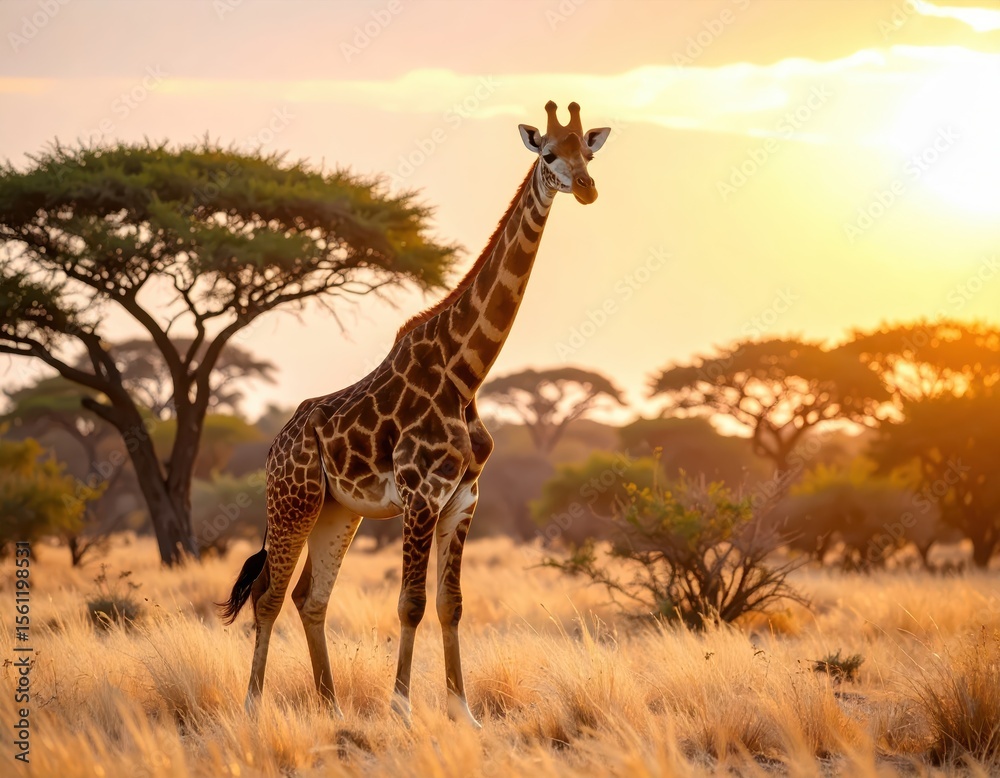 Obraz premium Majestic Giraffe Standing Gracefully in Golden Sunset Landscape