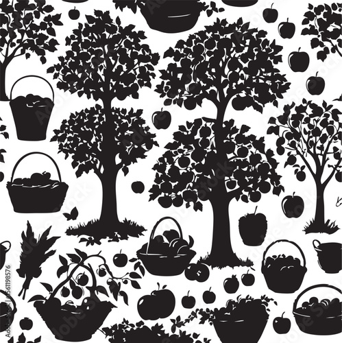 Apple Orchard Harvest Silhouettes Seamless Pattern