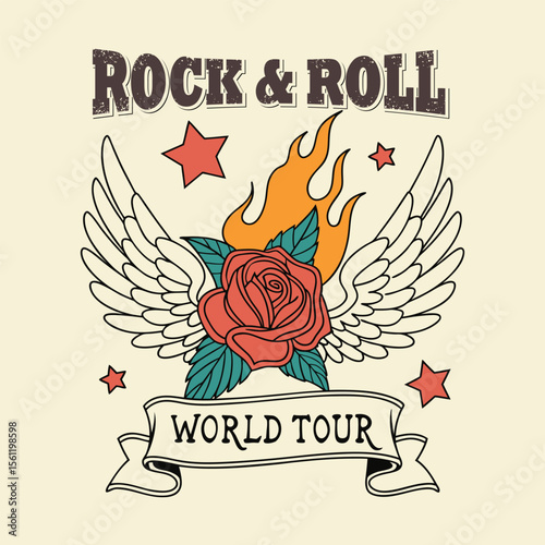 Rock and rool t-shirt design. Rose vintage is rock n roll. Rock and roll vintage graphic design. forever rockin music vibes print.