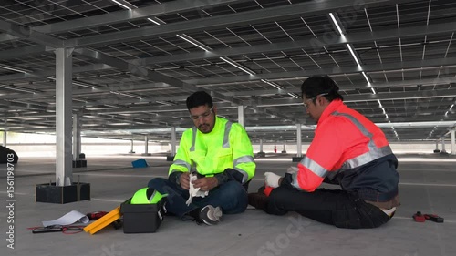 Tired Engineering Man Resting Under Solar Panel During Rooftop Installation on Hot Industrial Building Site