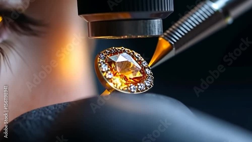 Jeweler examining a brilliant cut diamond ring with tweezers under a microscope set against a black background with a close up view