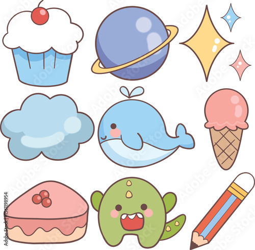 Cupcake, Saturn, three stars, clouds, whale, strawberry ice cream, strawberry cake, cute green dragon, and pencil.
