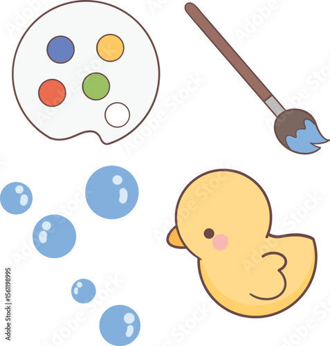 Cartoon clip art watercolor palette and brush and sponge and duck
