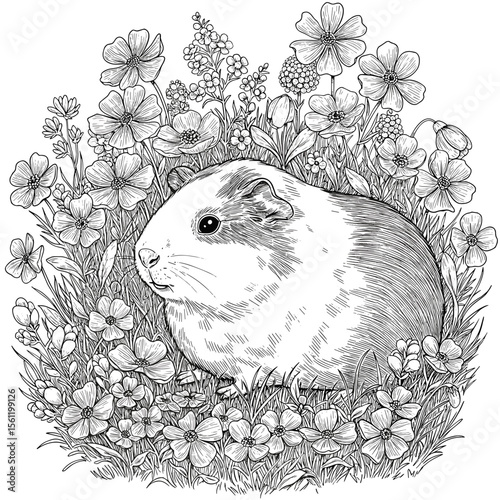 A fluffy guinea pig sits calmly amid a lush arrangement of detailed flowers and plants in elegant black-and-white line art.