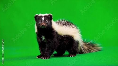 A skunk standing on a green screen with black and white fur and a fluffy tail looking forward green screen animal video