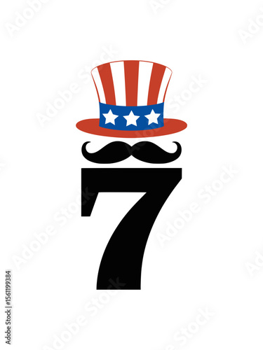 Patriotic Number Seven with Mustache and Uncle Sam Hat, Number seven illustration with a classic mustache and a festive Uncle Sam hat, perfect for American patriotic or holiday themed designs.

