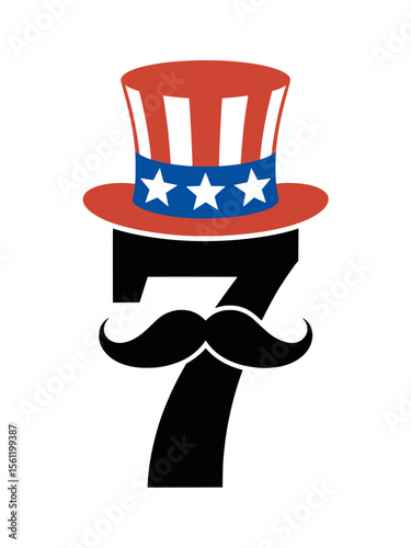 Patriotic Number Seven with Mustache and Uncle Sam Hat, Number seven illustration with a classic mustache and a festive Uncle Sam hat, perfect for American patriotic or holiday themed designs.

