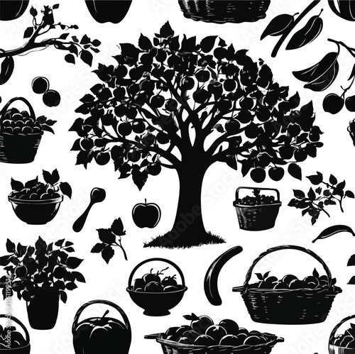 Fruit Trees and Baskets Seamless Silhouette Pattern