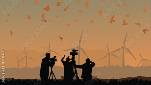 Silhouette of filmmakers capturing birds flying over windmills at sunset in a scenic landscape view
