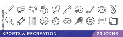 Sports and Recreation Icon Set, A collection of 20 icons representing various sports and recreational activities, including equipment, trophies, and exercise gear.
