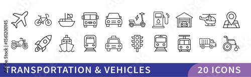 Transportation and Vehicles Icon Set, A collection of 20 icons representing various transportation and vehicles, including cars, airplanes, boats, bikes, and public transit symbols.
