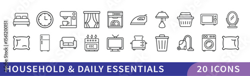 Household and Daily Essentials Icon Set, A set of 20 icons representing essential household items, including furniture, appliances, and daily-use products like beds, clocks, and kitchen tools.
