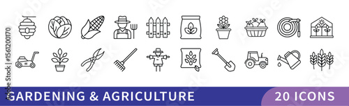 Gardening and Agriculture Icon Set, A set of 20 icons representing gardening and agriculture, including plants, tools, farming equipment, and gardening symbols.
