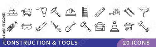 Set of 20 Construction & Tools Icons, A collection of 20 icons representing construction and tools, featuring construction equipment, tools, and safety gear for building and renovation designs.
