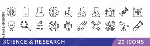 Science and Research Icon Set, A collection of 20 icons representing science and research, featuring laboratory equipment, experiments, space exploration, and scientific symbols.
