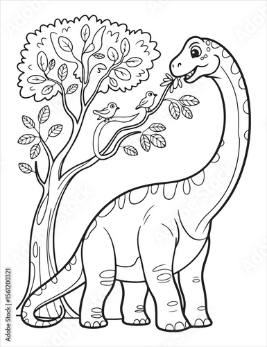 Outlined dinosaur eating leaves with birds in a tree image