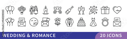 Wedding and Romance Icon Set, A collection of 20 icons representing wedding and romance themes, featuring gifts, rings, flowers, and romantic symbols.
