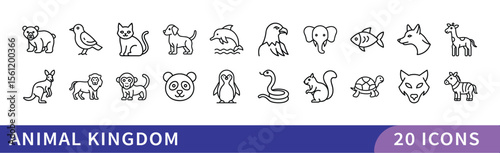 Animal Kingdom Icon Set, A set of 20 icons depicting animals from various species, including mammals, birds, reptiles, and sea creatures.
