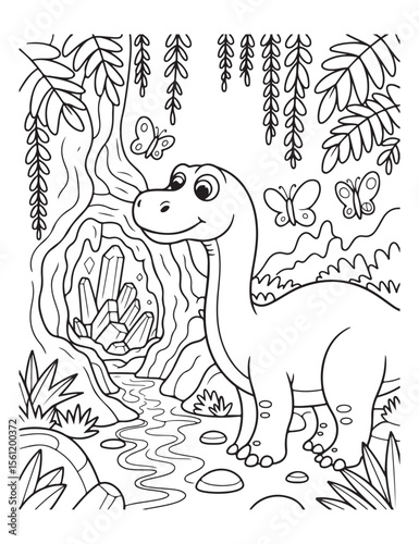 Dinosaur in jungle cave with crystals coloring page design