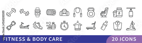 Set of 20 Fitness & Body Care Icons, A collection of 20 icons representing fitness and body care, featuring workout equipment, health monitoring, and personal care symbols for wellness and fitness des