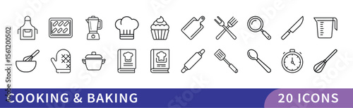Set of 20 Cooking & Baking Icons, A collection of 20 icons representing cooking and baking, featuring kitchen tools, ingredients, and utensils for culinary and recipe-related designs.
