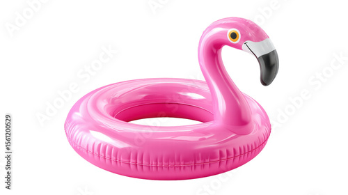 Inflatable pink flamingo pool float isolated transparent background with shiny surface