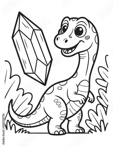 Cartoon dinosaur with crystal in black and white outline
