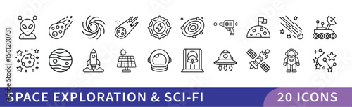 Space Exploration and Sci-Fi Icon Set, A collection of 20 space exploration and sci-fi themed icons featuring spacecraft, planets, aliens, and cosmic symbols.
