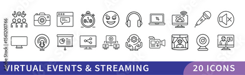 Set of 20 Virtual Events & Streaming Icons, A collection of 20 icons representing virtual events and streaming, featuring video calls, live streaming, and virtual communication tools for digital event